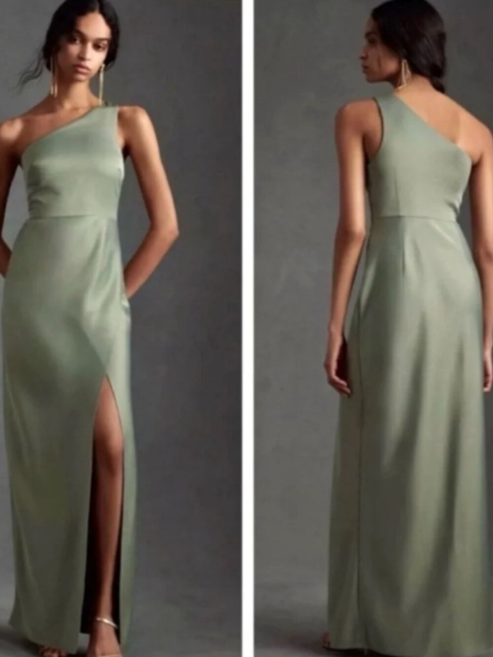BHLDN Sage Green One-Shoulder Satin Evening Gown Dress Size 6 |Bridesmaid